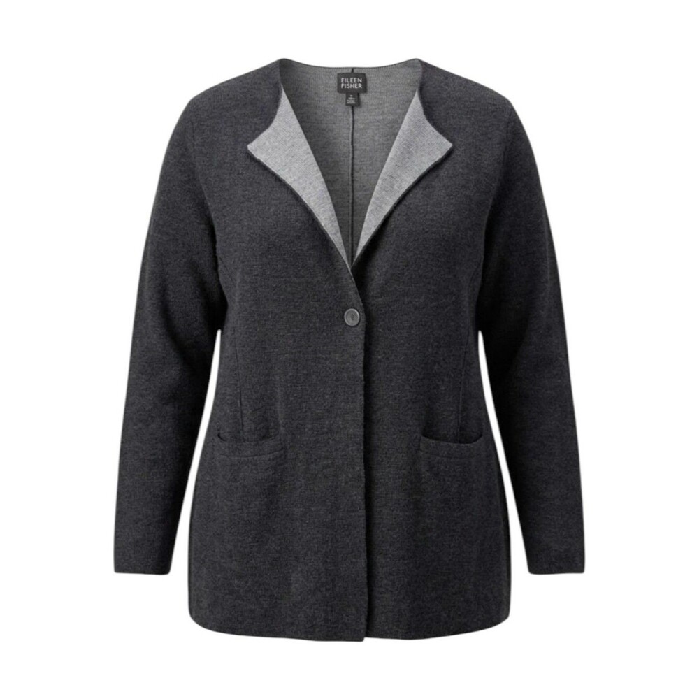 Eileen Fisher Charcoal Gray Single Button Merino Wool Cardigan Sweater Size 2X